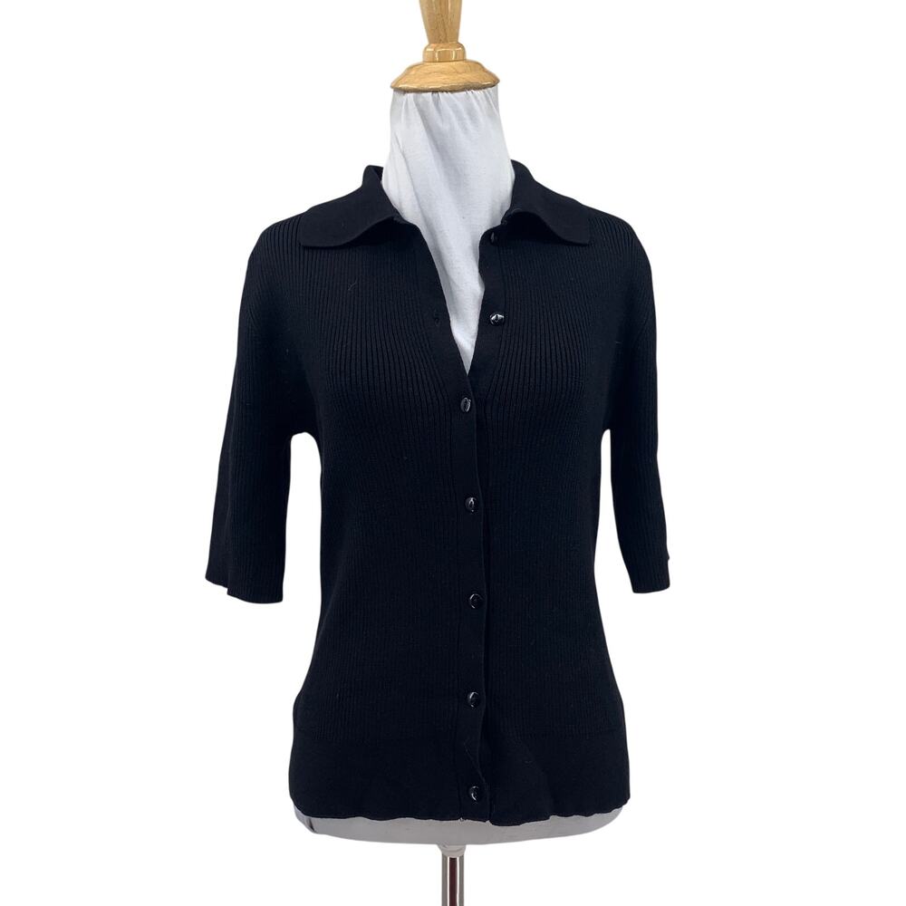 Cable & Gauge Shirt Women L Large Black Ribbed Collared Button Front Half Sleeve